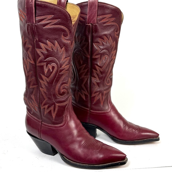 Handmade Austin-Hall Cowboy Boots - Wmns Sz 9B - Burgundy 14" Tall Pointy Toe - Picture 12 of 16